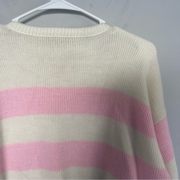Vintage women’s Striped Floral Crew Neck Sweater Pink Cream sz XL - Picture 3 of 4